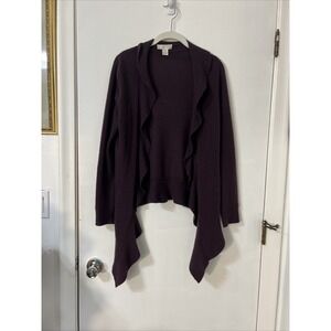 KENAR 100% Cashmere Sweater Merlot Purple Ruffle Handkerchief Edge‎ Open Front M